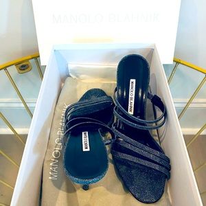 Stunning Manolo Blahnik Size 37.5 Strappy Heel in Box - Gunmetal Glitter